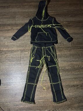 Kids Black Hoodie & Jogger Set with Neon Yellow Stitching - Unbranded